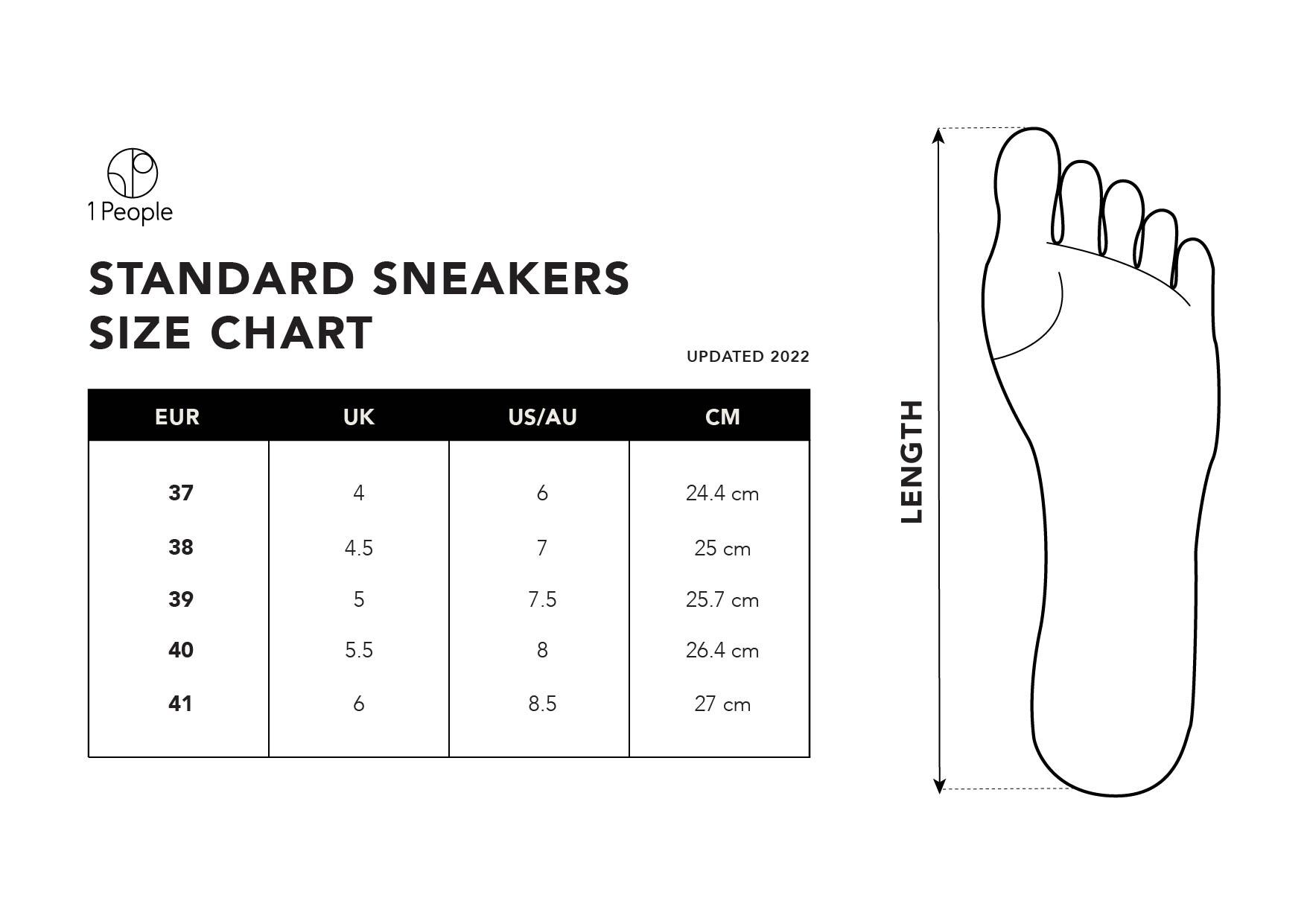 Size Chart for 1 People's Sneakers